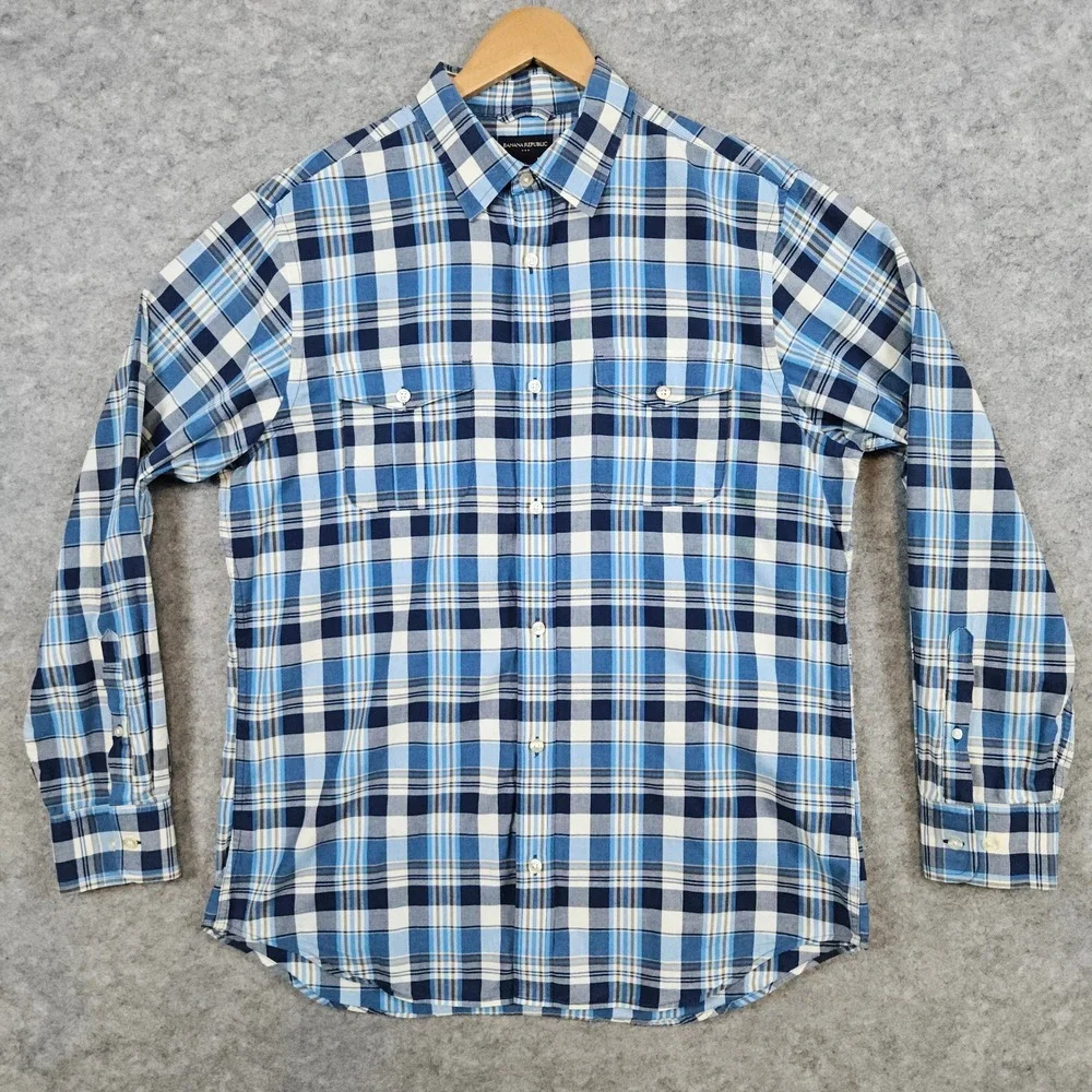 Banana Republic Mens Button Up Shirt Size L Blue Plaid Long Sleeve Cotton Casual